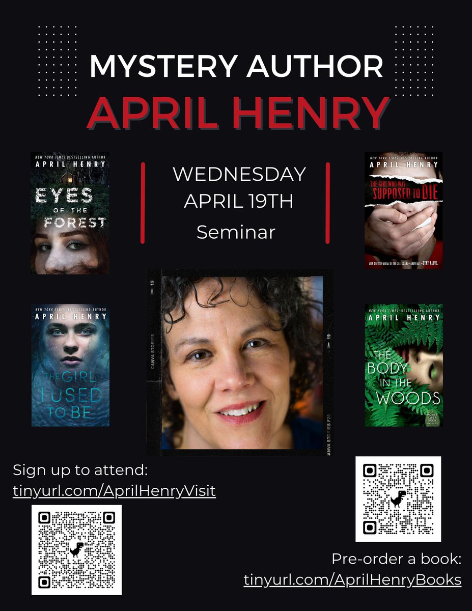 Mystery author <a href="/aprilhenrybooks/">April Henry</a> will be @ FHC on  April 19th! You won't want to miss this exciting event by one of the most famous YA thriller writers! Sign up @ tinyurl.com/AprilHenryVisit <a href="/FHCToday/">FHCToday</a> <a href="/FHCParentClub/">FHC Parent Club</a> @FHCAD <a href="/FHCPrincipal/">FHC A-Team</a> <a href="/LaFay150/">Laurie Fay</a> <a href="/FrancisHowell/">FrancisHowell</a> <a href="/ThatLammersGuy/">Luke Lammers</a>