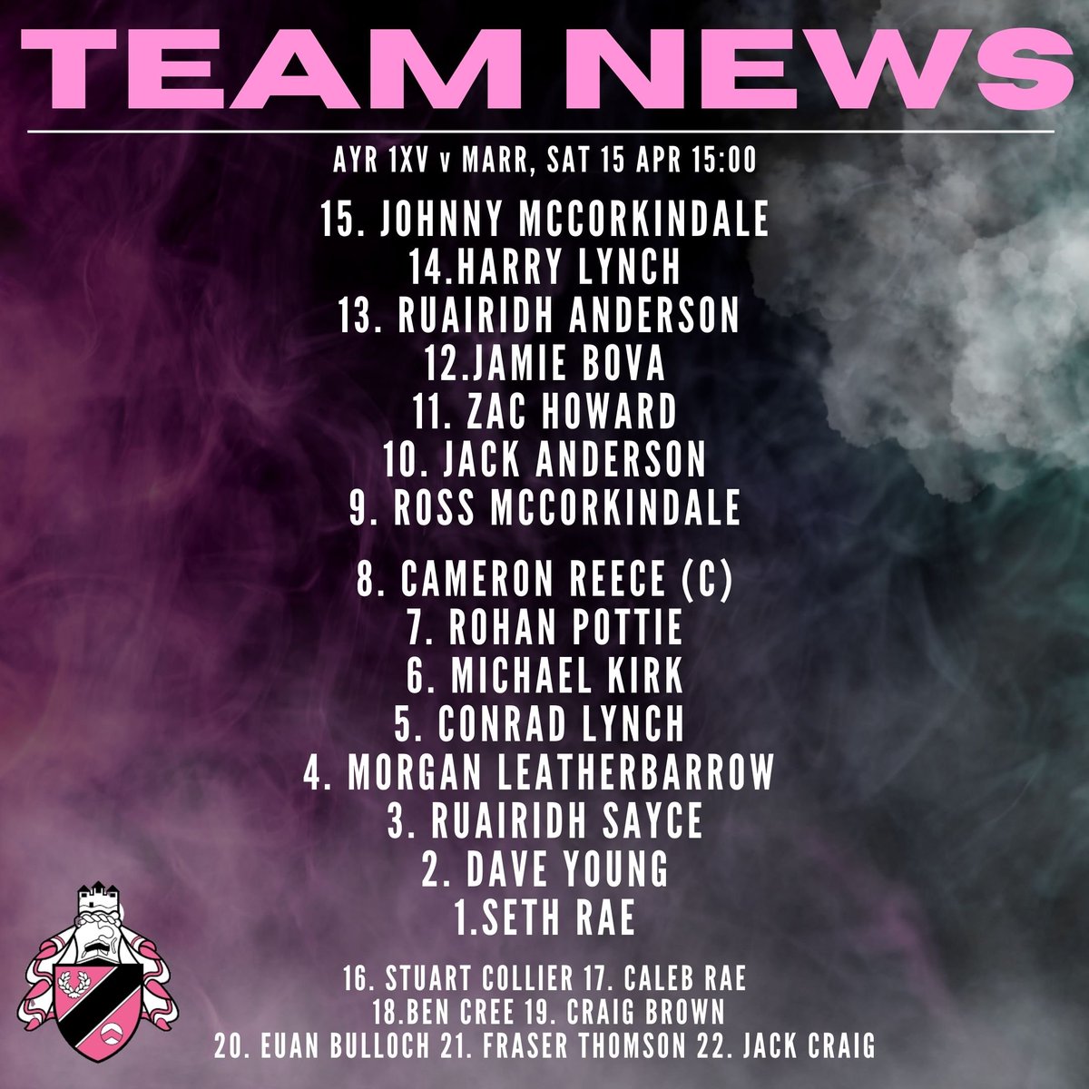 OfficialAyrRFC's tweet photo. TEAM NEWS 🗞️ | Here's how we lineup for the Ayrshire derby, let's get Millbrae rocking!

#pinkandblack https://t.co/4iqyoUHDnx