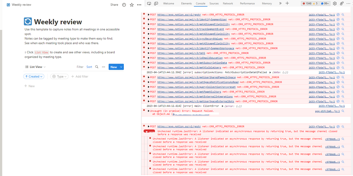 Janmeppe's tweet photo. @NotionStatus @NotionHQ Going into the web browser and checking out the network connections definitely shows that something is wrong... but what? https://t.co/zVGZKGUqrg