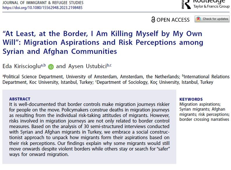 Eda Kiriscioglu (@e_kiriscioglu) on Twitter photo 📢 1/1 The first paper of my Ph.D. research is now published in the JIRS! In this paper, co-authored with <a href="/AysenUstubici/">aysen_ustubici</a>, we ask: Why do some migrants move onwards, venturing all the risks in their journey, while others do not?
tandfonline.com/doi/full/10.10… 📢 1/1 The first paper of my Ph.D. research is now published in the JIRS! In this paper, co-authored with <a href="/AysenUstubici/">aysen_ustubici</a>, we ask: Why do some migrants move onwards, venturing all the risks in their journey, while others do not?
tandfonline.com/doi/full/10.10…
