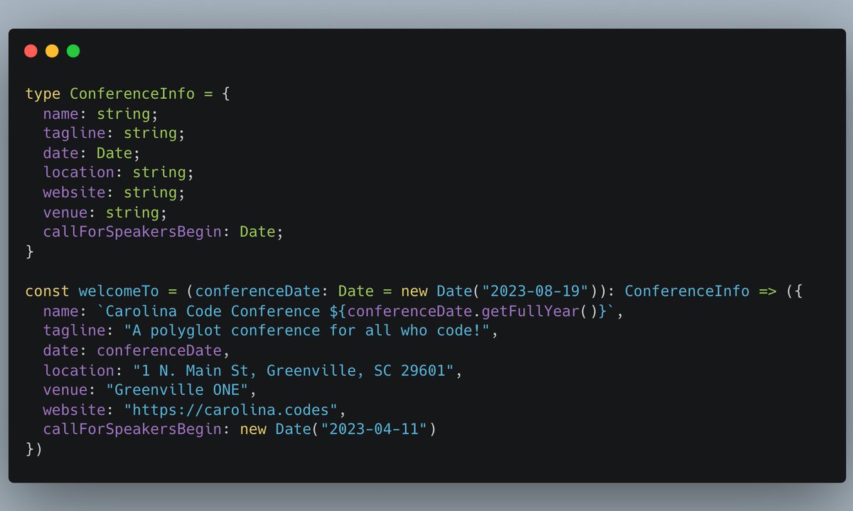 Thanks to <a href="/chandlerroth/">Chandler Roth</a> for a #TypeScript entry to the #CodeHeaderChallenge for #polyglot #CarolinaCodeConference 2023 including a repl.it link where you can run it! replit.com/@chandlerroth/…