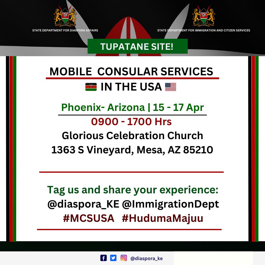 EAC_IPU_UG's tweet photo. Phoenix, Arizona! Mko tayari? ๐Mobile Consular Service to be in your neighborhood from 15-17 April. Kindly tag @Diaspora_KE @roselinenjogu, share your experience with the MCS ๐ @diaspora_KE @ImmigrationDept #MCSUSA #Hudumamajuu.
@UDA_UGANDA_CHPT @UDAKenya @UDA_EAC_CHAPTER https://t.co/efGHyoYR56