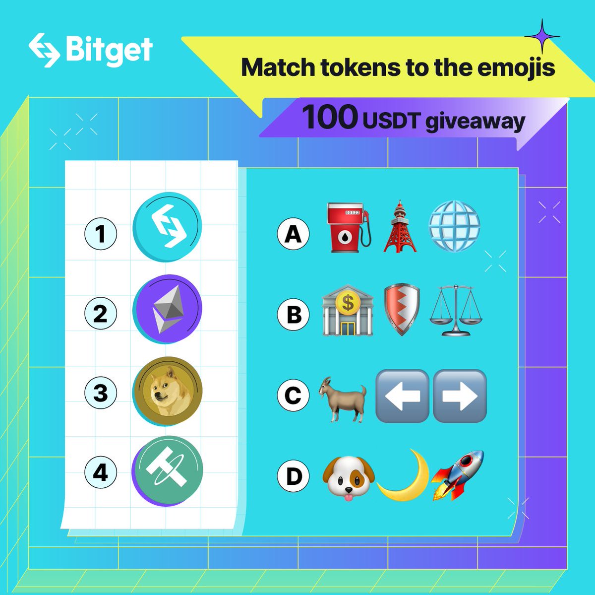 🤔Can you match the tokens to the right emojis?

🎁10 lucky #Bitgetters that get the correct answer will win 10 $USDT each!

How to win ⤵️

➡️ Follow @bitgetglobal
👇 Comment with your answer &amp; tag 3 friends below
✅Set your account to public
⚠️ KYC is compulsory

💎All the best!