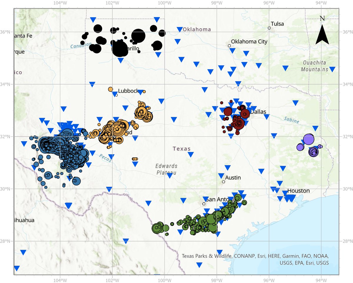 Getting ready to go to the @SSA Annual Meeting in beautiful Puerto Rico! I'll be giving a talk on the statistics of earthquake activity across Texas. Here's a figure of the earthquakes we looked at, colored by basin