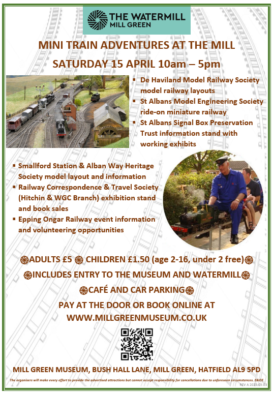 Come along to Mill Green Museum for Mini Train Adventures at the Mill 🚂
This Saturday 15 April, 10am-5pm 
For tickets 🎟️Pay at the door, or book online at millgreenmuseum.co.uk