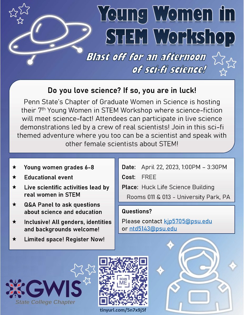 Calling all 6th-8th graders! Join GWIS for our YWIS workshop where you get to participate in scientific activities on April 22nd at Penn State.

#Statecollge #PSU #PennState #YWIS #Outreach #GWIS