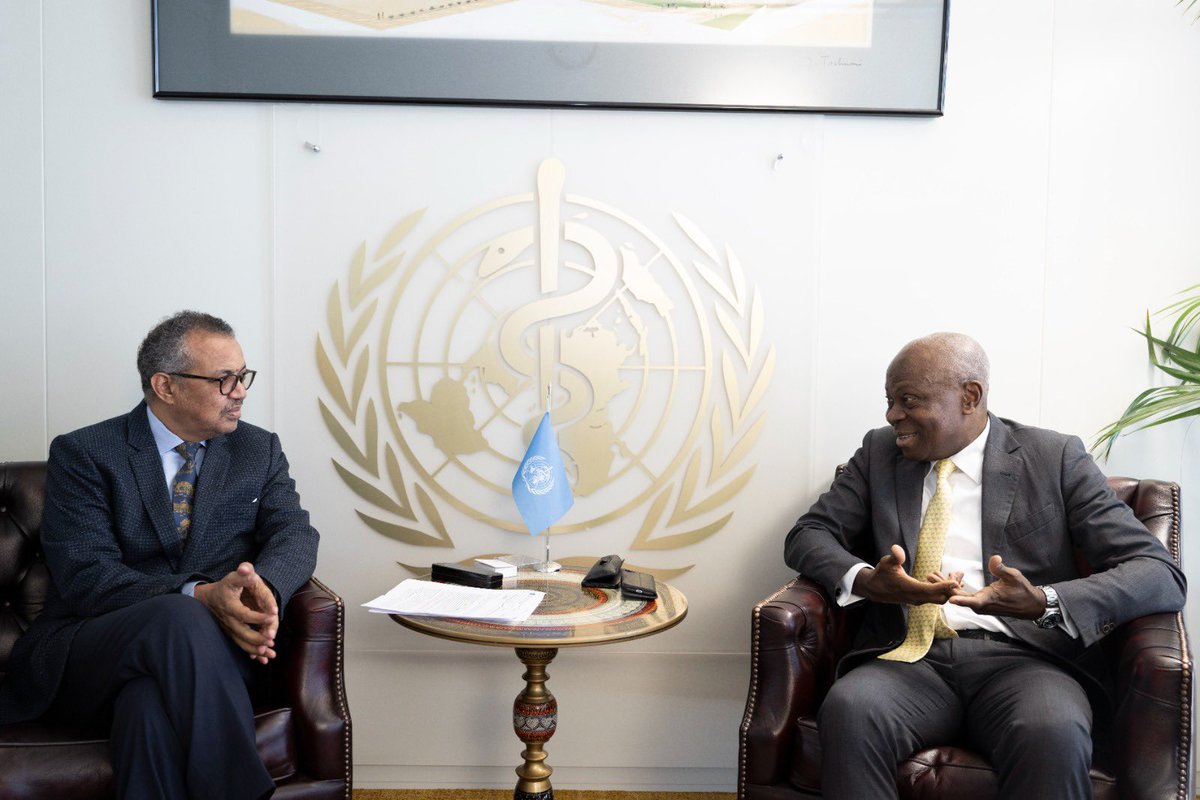 DrTedros's tweet photo. Very pleased to welcome my brother @GilbertFHoungbo, @ilo Director-General, at @WHO. We discussed how to strengthen our collaboration on: occupational health and safety, including of health workers; health emergencies and transportation; the #PandemicAccord; and social justice. https://t.co/AlbzK51SXG
