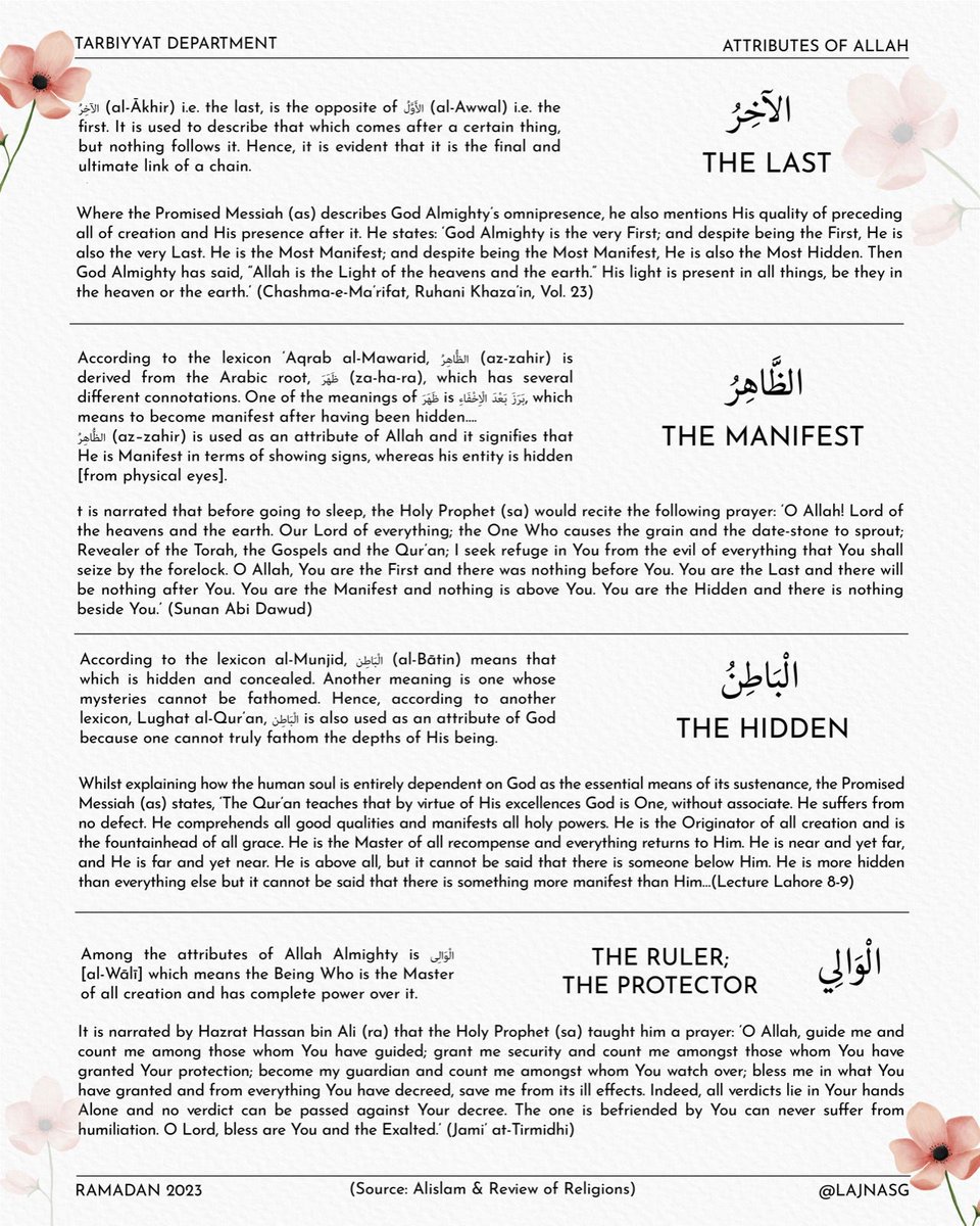 LajnaSG's tweet image. 23/30 - Ramadan Series on Attributes of Allah 

- The Last
- The Manifest
- The Hidden
- The Ruler; The Protector

#Ramadan #AttributesofAllah #Allah