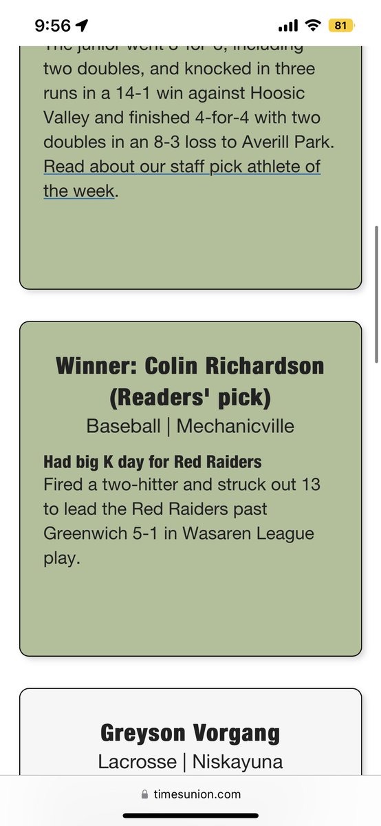 Very honored and excited to say me and <a href="/LukasSherman8/">Lukas Sherman</a> were voted as Times Union all area players of the week! Congrats brother. <a href="/chambers_sports/">Chambers Sports Performance</a> <a href="/MechVille_BB/">Mechanicville Boys Baseball</a>