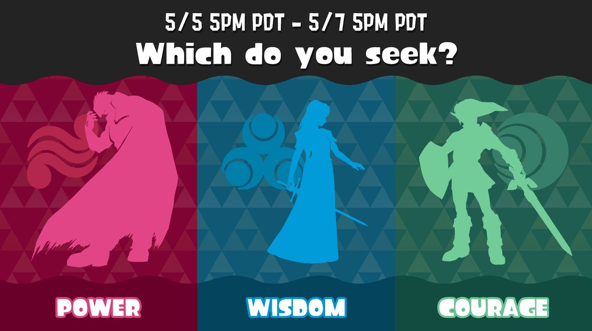 SRL here with huge news—the next #Splatfest is a collab with The Legend of Zelda! In anticipation of The Legend of Zelda: Tears of the Kingdom, it asks a key question... Which do you seek? Power, wisdom, or courage? Join in from 5pm PT on 5/5 through 5pm PT on 5/7.