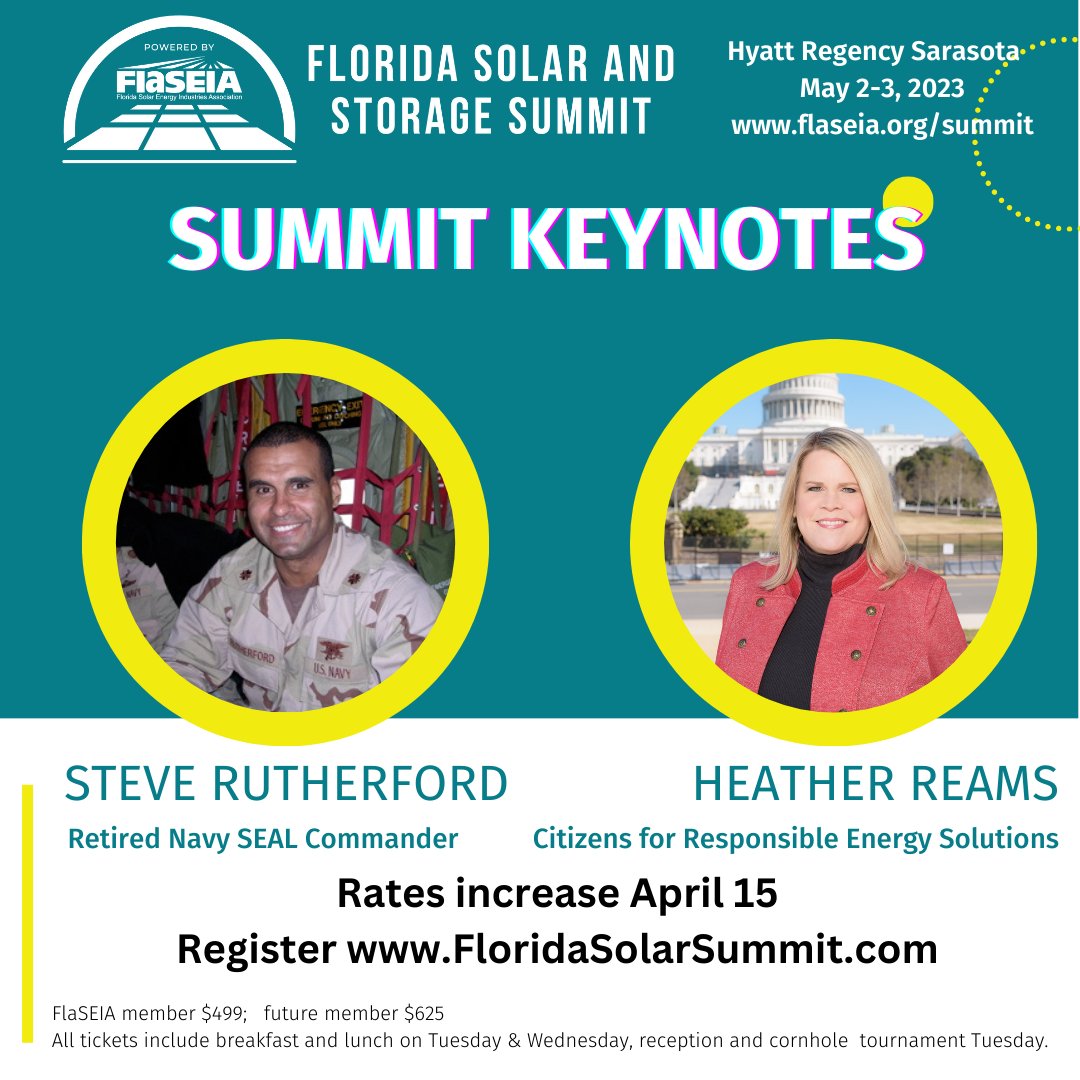 Join industry leaders in Sarasota May 2-3 for the Florida Summit!  Hear from keynote speakers Steve Rutherford and Heather Reams as well as other speakers who will help your business thrive in 2023 and beyond.  #flsolar  #flaseia  #flsummit
