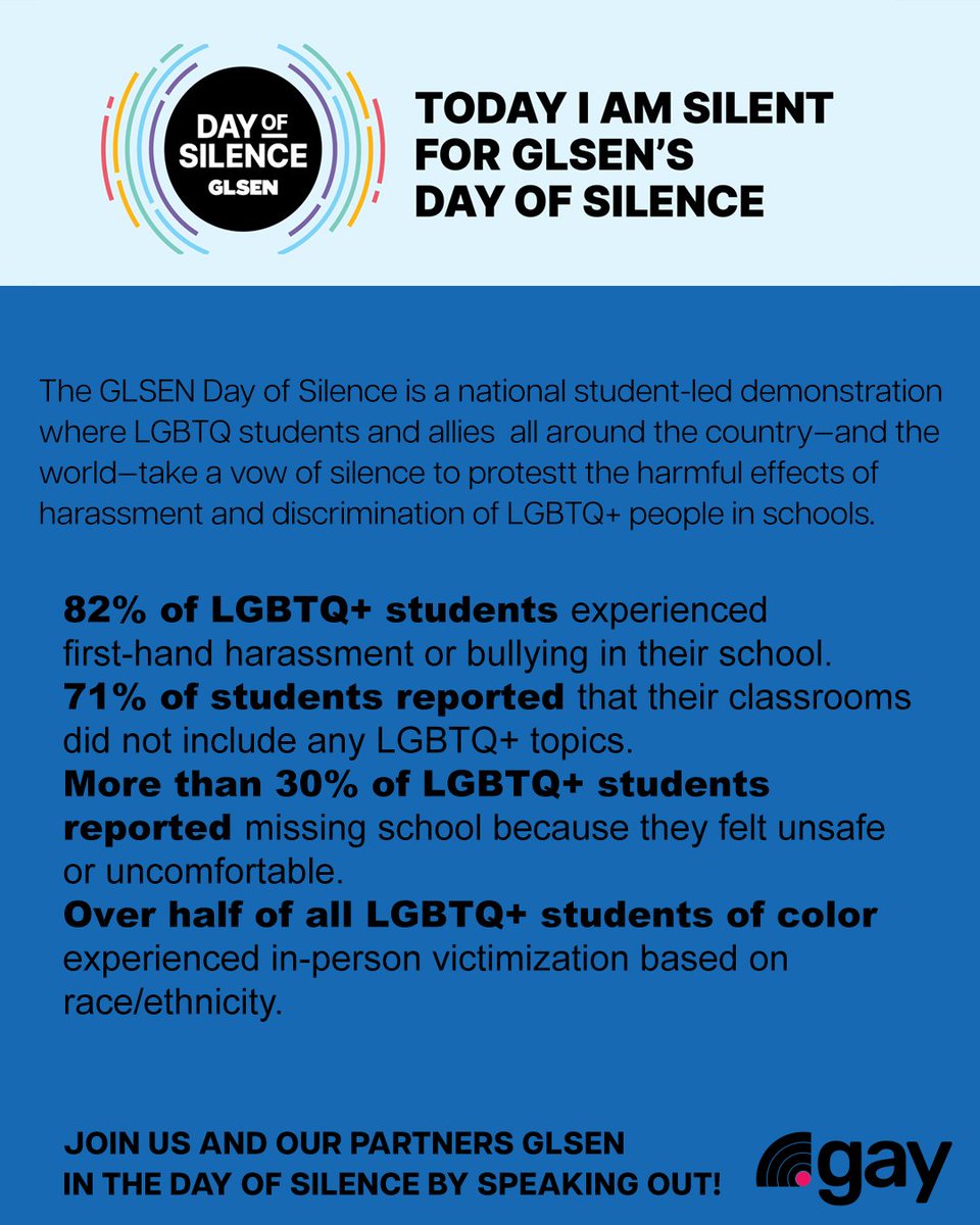 #DotGay is breaking the silence around the attacks on LGBTQ+ students on the #DayofSilence. Join us and our partners @GLSEN in the #DayofSilence by speaking out! 📣

#SolidarityWeek 
#RiseUp4LGBTQ