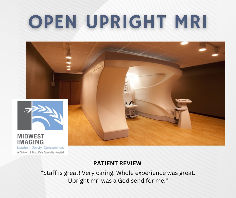 Midwest Imaging has the only Open Upright MRI in Sioux Falls. This design makes this scanner ideal for patients of all sizes and those patients who suffer from claustrophobia, bringing you comfort without sedation.

Please contact Imaging to learn more! 605.444.8600