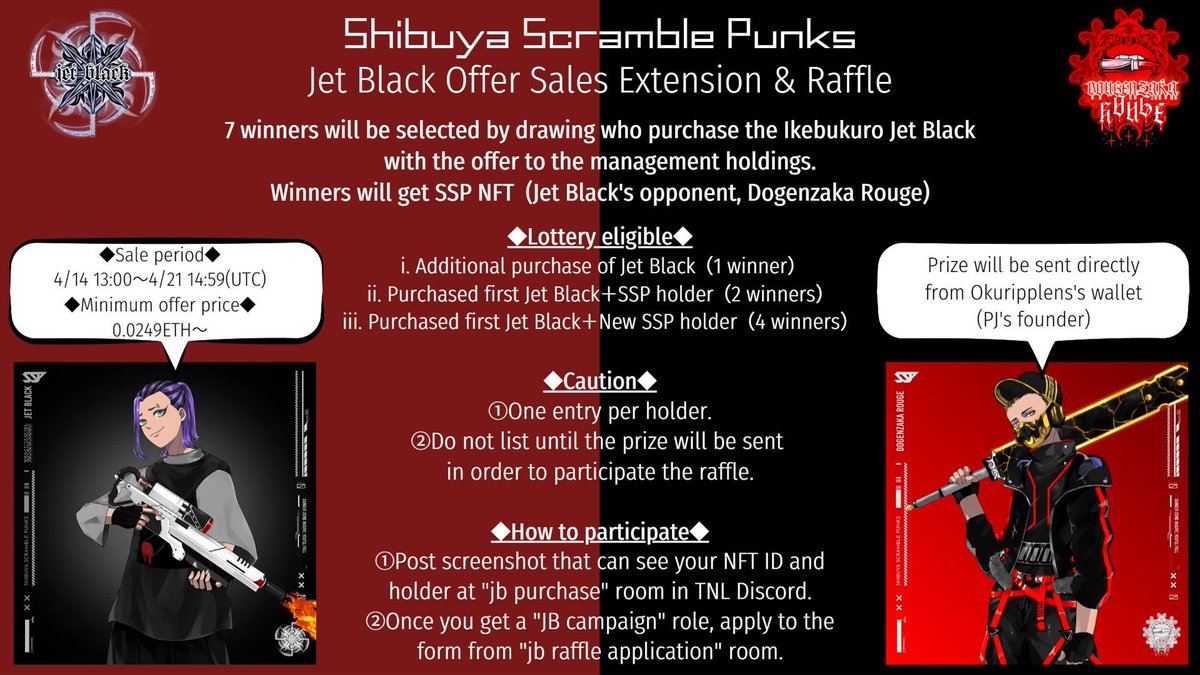 s_s_punks's tweet photo. 【Jet Black オファー販売期間延長＆抽選会のお知らせ】
4/14 22:00〜4/21 23:59の期間中に、運営保有分へのオファーにてJet Blackを購入した方の中から、抽選で7名様にSSP現物をプレゼント🎁

新規購入者ほど当選確率が高いので、添付画像をご確認のうえぜひご参加ください！

そして新企画を準備中… https://t.co/qQIjyOsPIZ