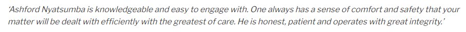 Client feedback in the recent #Legal500, I don't know who this is from but honestly, this means more than I can express. Massively humbling & genuinely touching. In a demanding & tough environment to know that there are clients who view me in this way has me lost for words.🙏🏾!