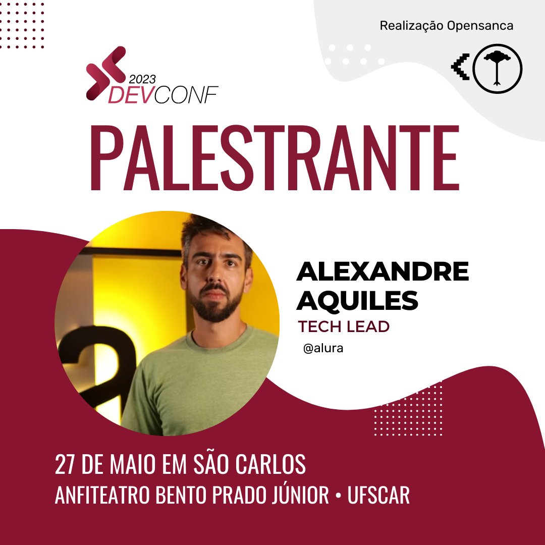 opensanca's tweet photo. Palestrante confirmado no DevConf 2023! @alex_aquiles 

Alexandre irá falar sobre o tema: Do SOLID a uma Arquitetura Hexagonal: uma história de transformação 
Saiba mais em https://t.co/dbcgbmbwCv e garanta o seu ingresso! O terceiro lote está acabando https://t.co/LGaYYSuFDZ