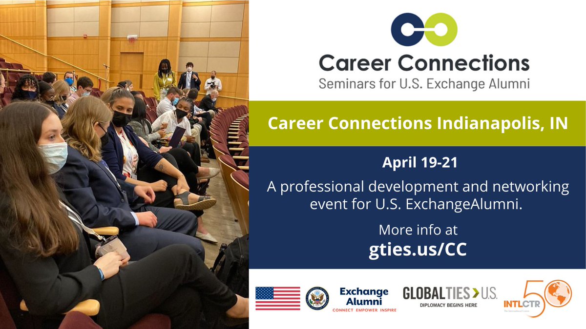 Interested in leveling up your resume and learning how to fully use your #InternationalExchange experience? Join the Office of Alumni Affairs, <a href="/INTLCTR/">International Center</a>, &amp; <a href="/GlobalTiesUS/">Global Ties U.S.</a> for #CareerConnections, April 19-21 in Indianapolis, IN -apps close TODAY: gties.us/CC