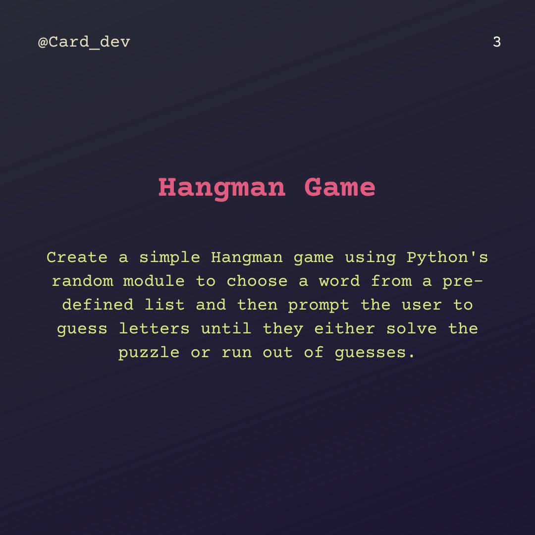 card_developer's tweet image. Learning to code in Python doesn't have to be boring! These five fun projects are a great way to practice your Python skills while creating something cool. Swipe through to see them all! 🐍💻
#PythonProjects #BeginnerProgramming #FunCoding #CodingChallenges #LearnToCode #code