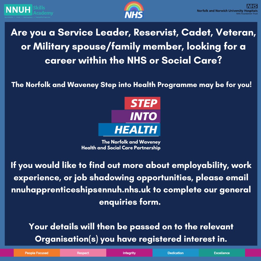📣<a href="/NNUH/">Norfolk and Norwich University Hospitals</a> are holding an Insight Day for the Armed Forces community who are looking for a career in the NHS or Social Care. 

To register or find out more, email nnuhapprenticeships@nnuh.nhs.uk