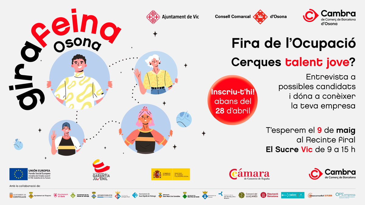 📣#Empreses 

Últims dies per inscriure's a GIRAFEINA OSONA 

🔸Fira d'ocupació · 9 de maig · Vic
🔸Participació gratuïta
🔸Inscripció prèvia requerida
     👉ja.cat/Girafeina23

Vols més informació? osona@cambrabcn.cat