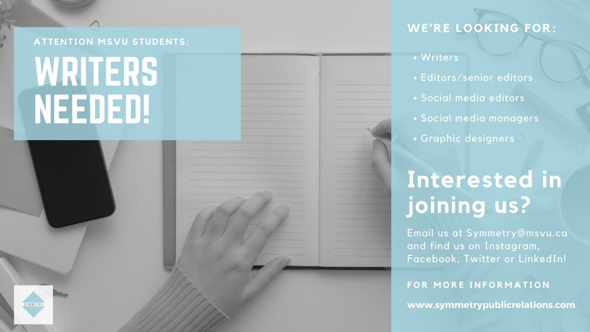 MSVUSymmetry's tweet photo. Calling all MSVU students!

We are looking for writers, editors, social media managers, and graphic designers to join the Symmetry team for the next academic year!

Email symmetry@msvu.ca or message us on Instagram, Facebook, Twitter or LinkedIn for more info!

#MSVU #pr #comms https://t.co/VVypY82bOy