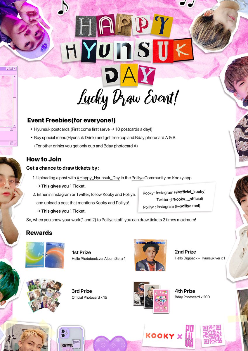 kooky__official's tweet photo. 🍸#HAPPY_HYUNSUK_DAY Pub Event!
🍀#LuckyDraw Announcement!
Don't miss the chance to get these prizes and meet other #TEUMEs at Polilya :)
📅Apr. 19th : Cup event with K-POB
📅Apr. 22nd : Cup event
📍Polilya, in Manila, Philippines
#KooPolilya #KookyBdayCafe #KPOB https://t.co/LvLu57M8q7