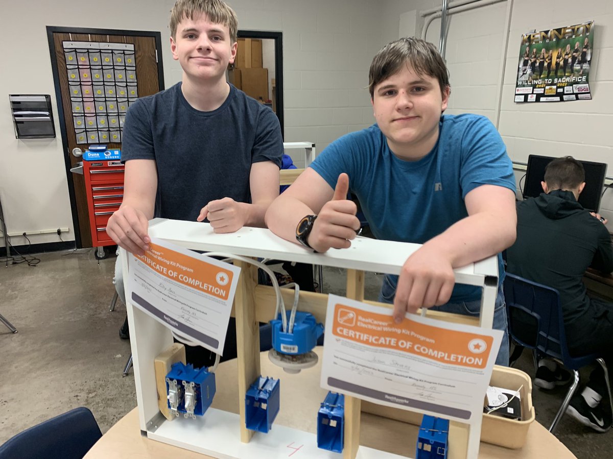 Jason Stevens and Riley Hass received their certificates of completion today for outstanding work on their RealityWorks Real Career Electrical Wiring Projects! Great job guys
