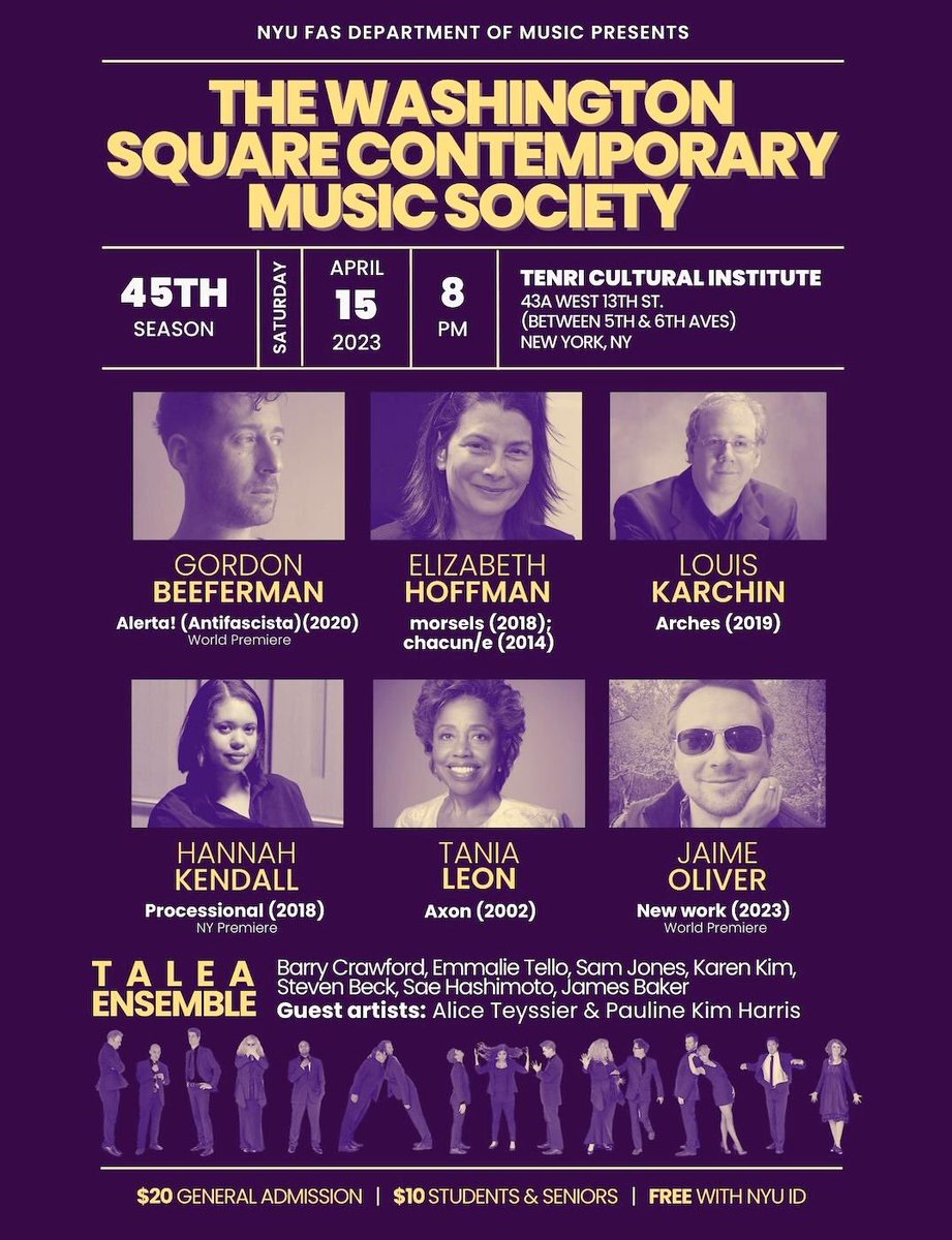 gordonbeeferman's tweet photo. Tomorrow 4/15!! Premiere of ALERTA (ANTIFASCISTA), with @TaleaEnsemble and Alice Teyssier, soprano. Tenri Cultural Institute, 43A W 13 St, 8pm https://t.co/Rltz2HKaWK
