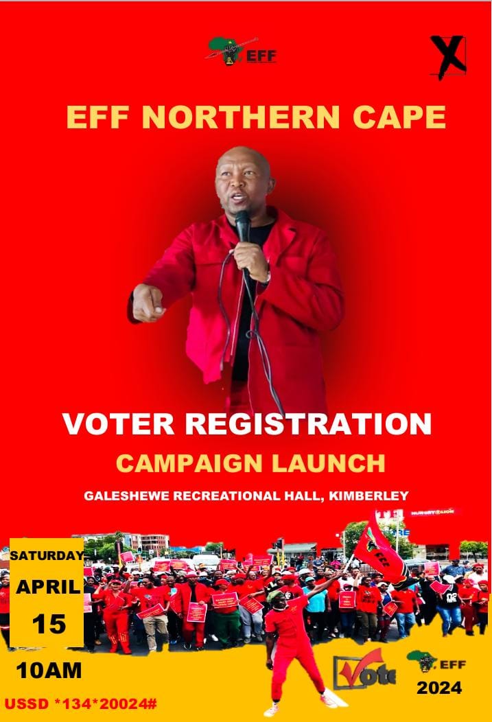 effnorthercape's tweet photo. ♦️Voter Registration ♦️
Happening Tomorrow #EFFVoterRegistrationCampaign Launch in Kimberley Sol Plaatjie Subregion. To be addressed by PC Commissar @ShadrackTlhaole at 10am in the Morning. 
@EFFSouthAfrica https://t.co/tGvchSKoNh