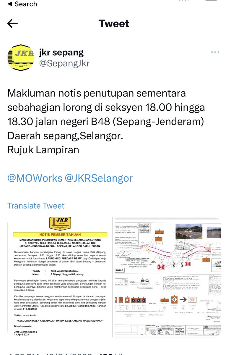 Pindaan Tarikh Launching Beam dari 18.04.2023 kepada 17.04.2023 berdasarkan arahan Ops Bersepadu dan Kempen Keselamatan Jalan Raya Sempena Hari Raya Aidilfitri Kebangsaan Tahun 2023 yg telah ditetapkan pada 18.4.2023 hingga 27.04.2023.
@MOWorks 
<a href="/JKRSelangor/">JKR Selangor</a>