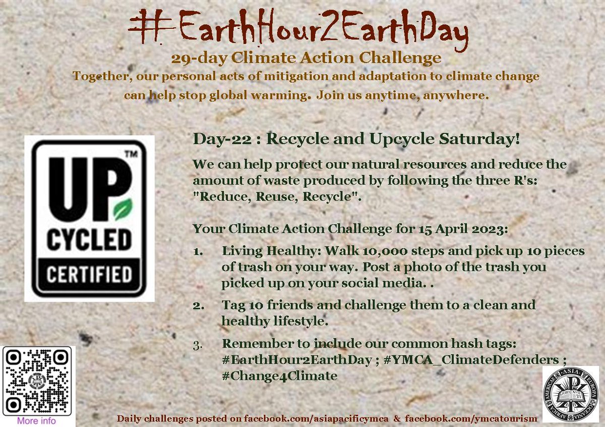 asiapacificymca's tweet photo. Here's your Climate Action Challenge for Day-22 (15 April 2023)
It's not too late to join now.
Let us know you are participating https://t.co/UgwWGN68lV
Please help amplify the campaign.
#EarthHour2EarthDay
#YMCA_ClimateDefenders
#Change4Climate
#YMCASustainablePlanet https://t.co/rwOWY2HdYd
