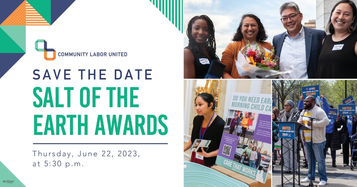 🗓️ SAVE THE DATE: June 22, 5:30 p.m.
🌎 Our 17th annual #SaltoftheEarth Awards! 
📍 53 State Street, Boston

🎉 Join us to celebrate leaders and organizations who champion the voices of working people and drive progress in our communities and beyond. RSVP link coming soon!