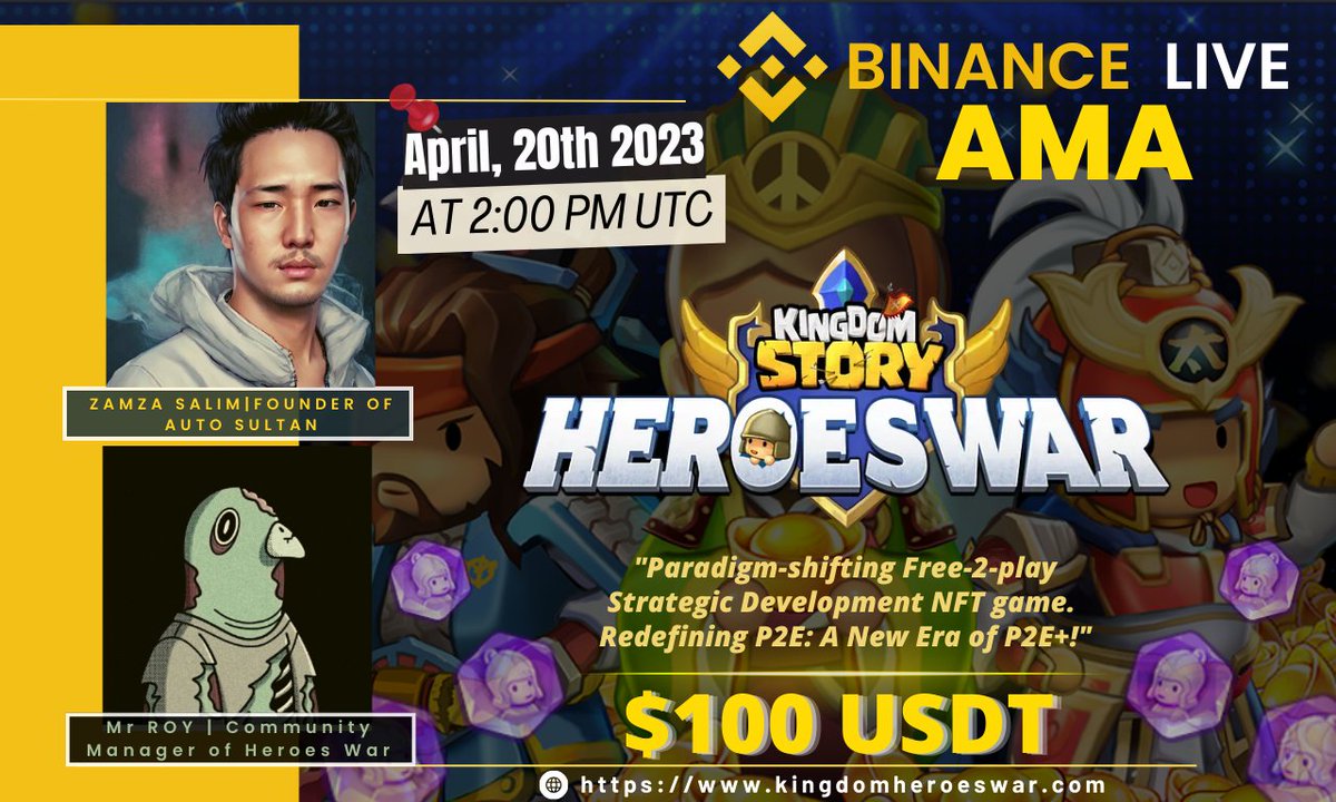 🔥We Present The Next #AMABinanceLive with <a href="/kingdomstorynft/">KINGDOM STORY: HEROES WAR</a>🚀

🎁 $100 USDT🤑
📆 April, 20th 2023
⏰ At 2PM UTC
🏨 binance.com/en/live/video?…

Follow <a href="/kingdomstorynft/">KINGDOM STORY: HEROES WAR</a>
Join DC discord.com/invite/7zH4WBj…

LIKE RT &amp; Comment Your Q (3Q MAX) Tag 3 FRIENDS ‼️

#P2E $KIDD #Wolfteam #Gunbound
