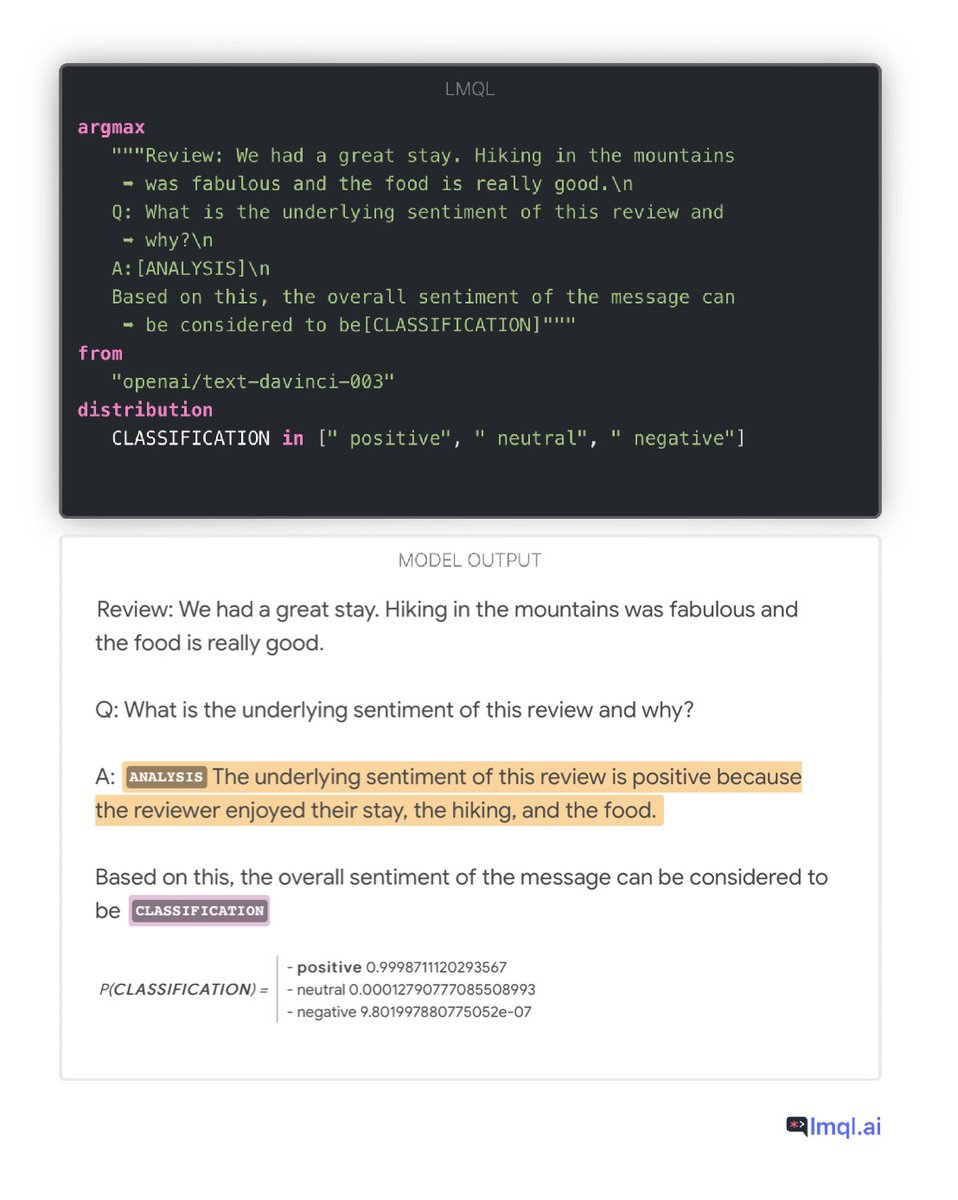 lmqllang's tweet photo. 📊 @lmqllang allows you to easily compute conditional distributions, enabling classification workloads such as sentiment analysis.
This is enabled by the deep integration of LMQL with LLMs, leveraging token probabilities and distributions internally.
#lmql #chatgpt #gpt https://t.co/accyHzwQIe