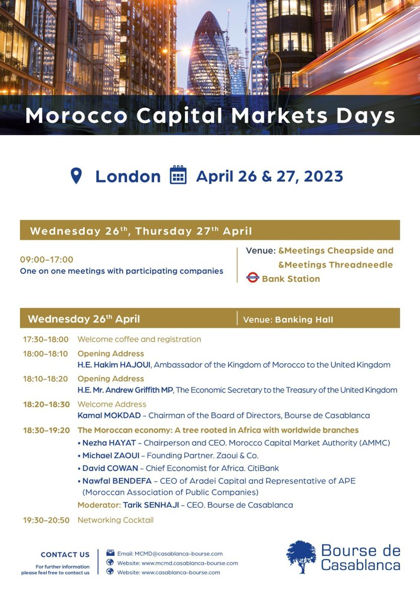 📣Join us in London on the evening of April 26th for the Morocco Capital Market Days conference! 🌍🇲🇦🇬🇧