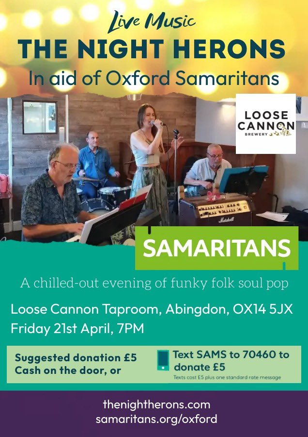 Hey, just to let you know our Oxford Samaritans @OxfordSams benefit is now at @LooseCannonBeer Taproom, Suffolk Way, Abingdon at 7 pm on 21st April. Great beer and groovy sounds, and an excellent charity. #livemusic #southoxfordshire