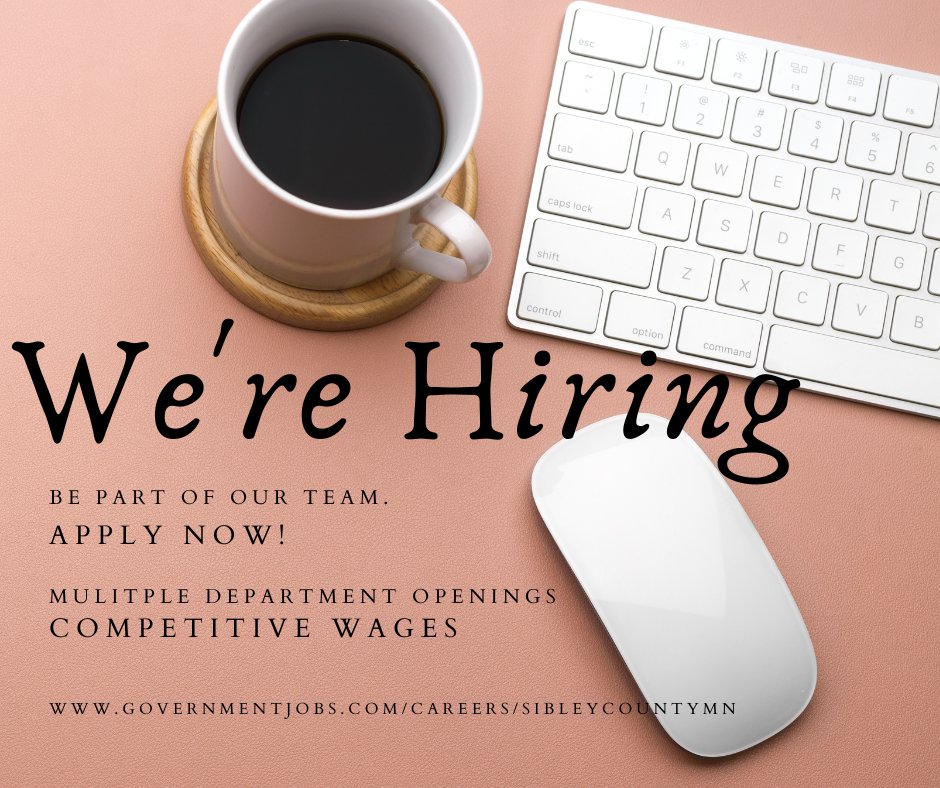 CountySibley's tweet photo. Sibley County is hiring multiple positions. Competitive wages, benefits, paid time off, paid holidays.

https://t.co/TqAwcAA8rS https://t.co/h7QmqQJjE4