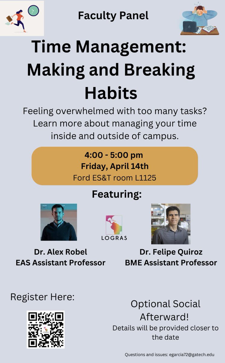 LOGRASGT1's tweet photo. Join us today for the Faculty Panel on Time Management and Breaking Habits! Come by to learn on how to manage your time inside and outside of campus! Afterwards, enjoy some food from different Latin American counties and music at the Taste of Latina America happening from 4-7 pm! https://t.co/zFaGl7BMSr