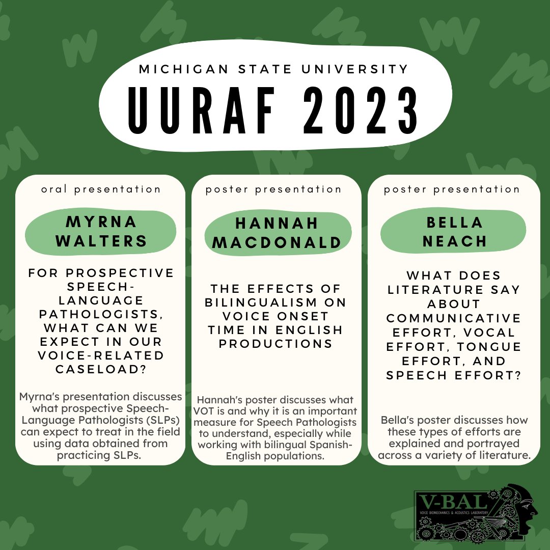 hunter_vbal's tweet photo. Three VBAL members are participating in the 2023 University Undergraduate Research and Arts Forum (UURAF) today! Best of luck to Myrna, Hannah, and Bella as they present their research at the Breslin Center!
#vbal #michiganstate #msu #uuraf https://t.co/fZKVH7zlXw