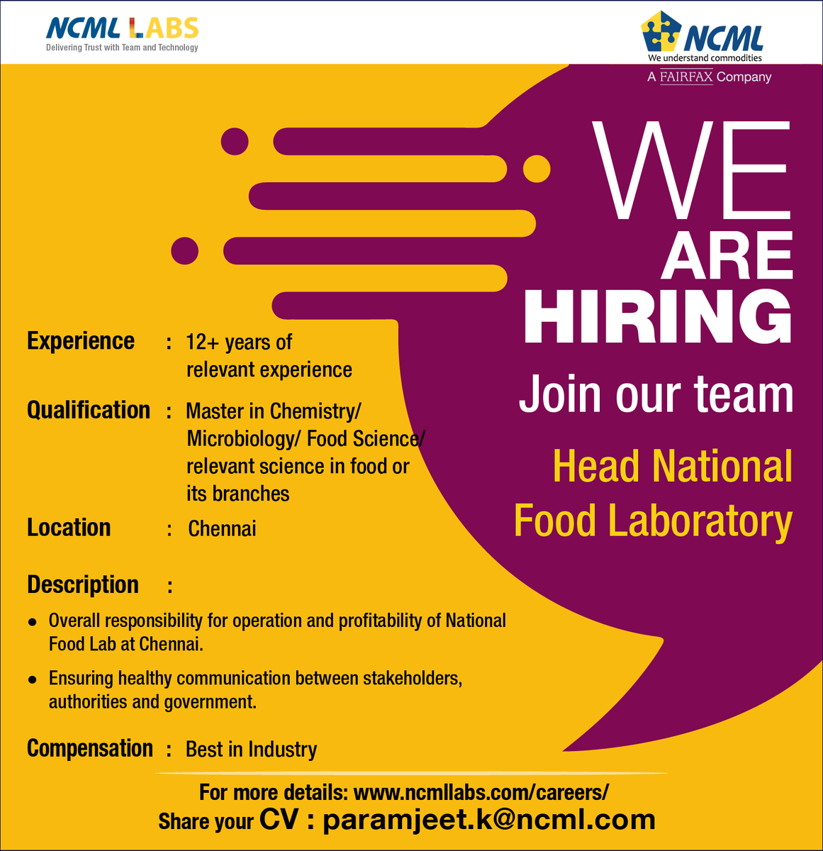 At #NCML We are #hiring for the post of #Headlab at #chennai.

#jobopening #immediatehiring #NCML #NCMLabs #chennaijobs #chennaihiring #foodindustryjobs #foodtesting   

@NCMLSocial 

Please visit: ncmllabs.com