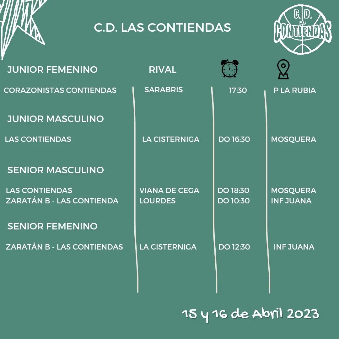 cdlascontiendas's tweet photo. Partidos del fin de semana
#GoContiendas💚 https://t.co/kXMI0qCt2B