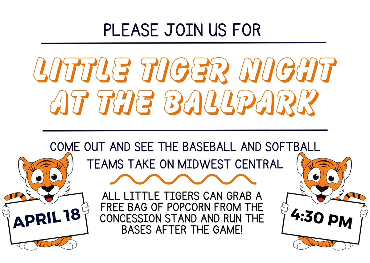 IBtigersoftball's tweet photo. ⚾️The @BaseballIbhs and softball team would like to invite all our little tigers to the ballpark! Tuesday, April 18th, come out and see the baseball and softball teams take on MWC🥎 #ibtigerpride #tigersruntogether https://t.co/MIn13MTzfG