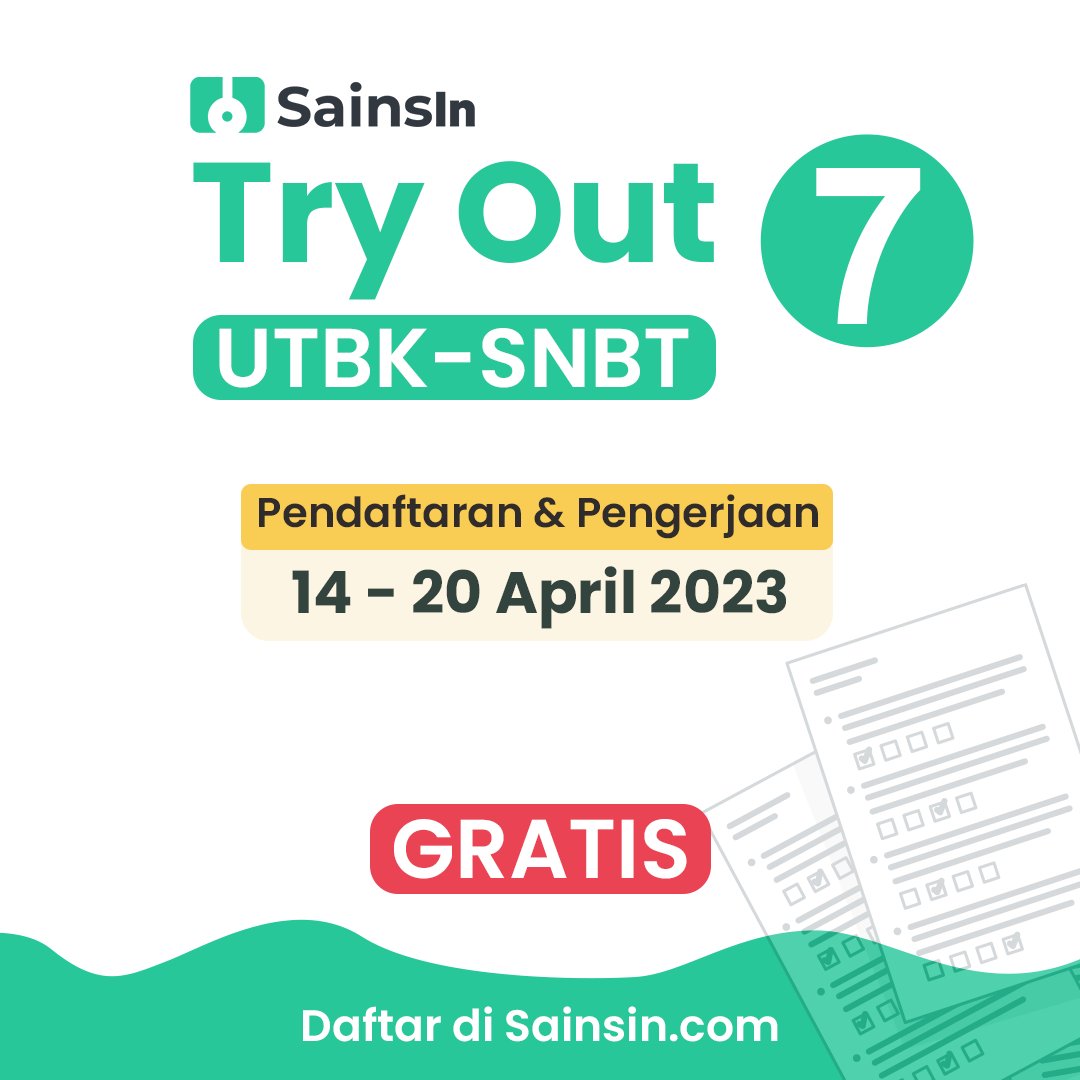 sainsinaja's tweet image. 📢PENDAFTARAN TRY OUT UTBK SNBT 7 DIBUKA GRATIS! 🚀🚀

Pendaftaran &amp;amp; Pengerjaan:⁣⁣
📅📝 14 - 20 April 2023

Cara pendaftaran Try Out UTBK 7 SainsIn⁣ 👇🏻
1. Retweet dan like tweet ini
2. Buka web sainsin.com
3. Pilih Try Out UTBK-SNBT 7
3. Upload bukti screenshoot RT…