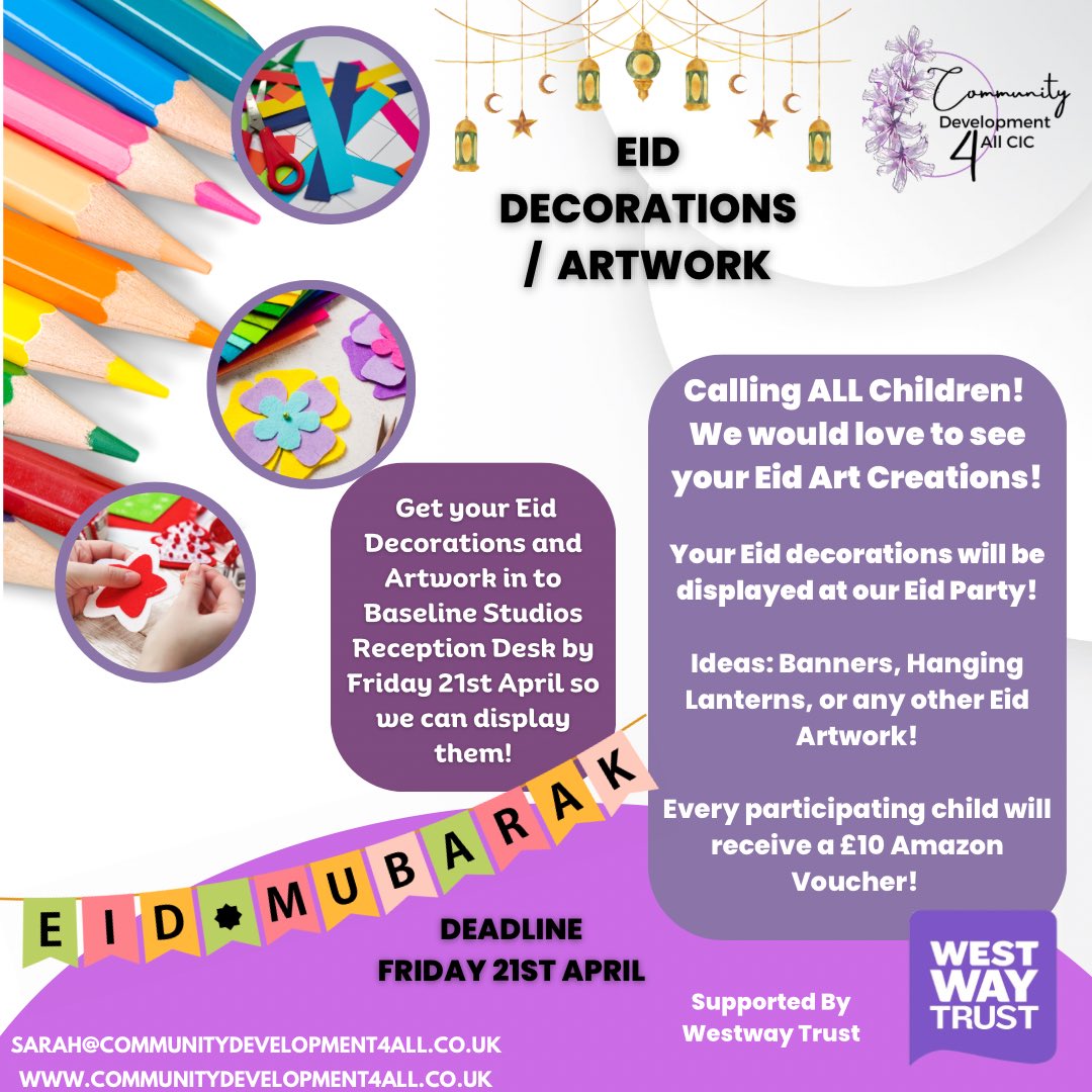 CD4ALLCIC's tweet photo. Calling all children in North Kensington!
We want your artwork for Eid to display around the centre. Every child participating in this project will receive a £10 Amazon voucher!
Deadline: Friday 21st April 2023 | 5pm
Supported by @WestwayTrust
#northken #lancwest #eid #art https://t.co/BdqGRvZLoT