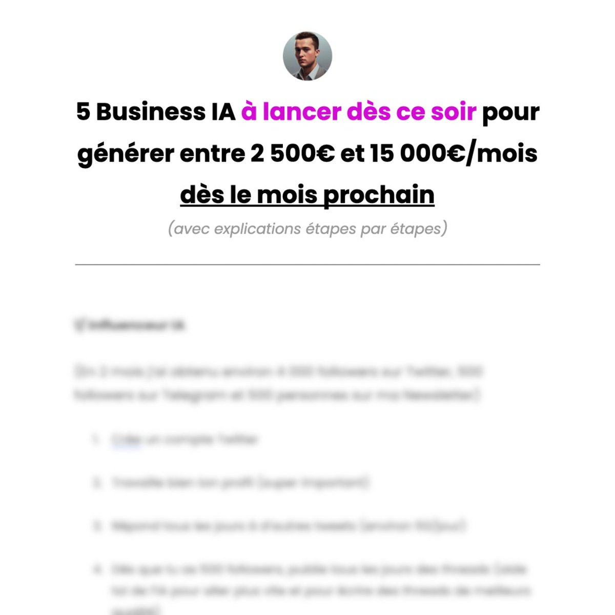 GrowthAI_'s tweet photo. 5 Business IA pour générer entre 2 500€ et 15 000€/mois à lancer dès ce soir (haut potentiel si vous prenez la vague maintenant)

Avec les explications étapes par étapes pour chacun des 5 business

Pas de business bullsh*t... qui ne marchent pas.

Like + RT + commente "DOC" pour accèder au doc

Dispo 48h