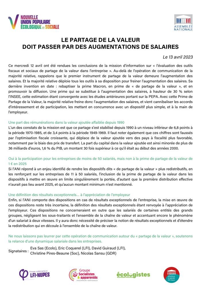 FiAssemblee's tweet photo. 🔴 Ce mercredi, la mission d'information sur l'évaluation des outils de partage de la valeur rendait ses conclusions.

➡️ Nous rappelons que le premier instrument de partage de la valeur est l’augmentation des salaires !
La macronie fait tout pour les bloquer !

Communiqué ⤵️ https://t.co/gVuKnCEOC6