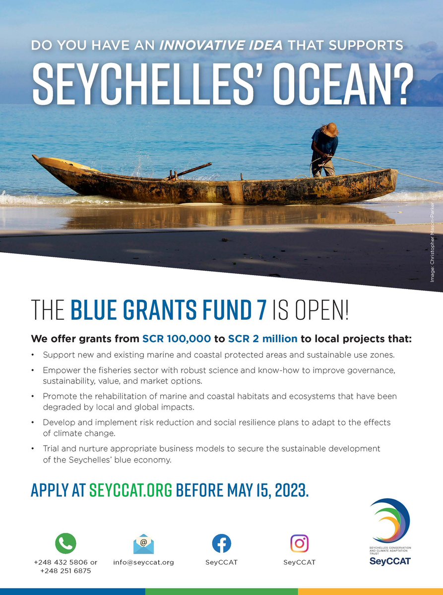 SeyCCAT's tweet photo. Do you have a project idea that supports 🇸🇨 Seychelles’ ocean? Apply for the Blue Grants Fund until May 15 to make it come true! #forcorals #sdg14 #oceanverse #marineconservation https://t.co/kMyOAY4KNR