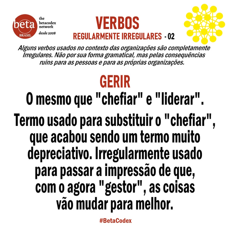 Betacodex_pt's tweet photo. #Gerir
O mesmo que "chefiar" e "liderar".
Termo usado para substituir o "chefiar", que acabou sendo um termo muito depreciativo.
Irregularmente usado para passar a impressão de que, com o agora "gestor", as coisas vão mudar para melhor.
#BetaCodex #WorkTheSystem #Descentralização https://t.co/02SmZQVseN