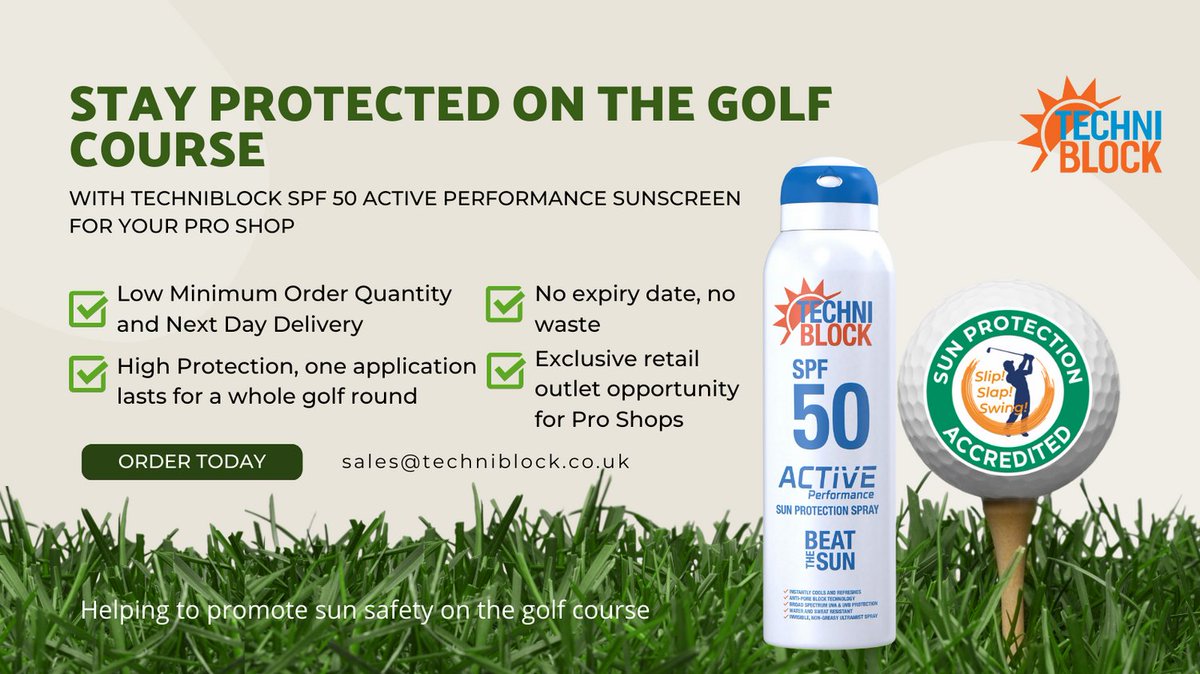 Techniblock's tweet photo. Golf Pro Shop retail offer from #techniblocksunscreen Get set for summer, stock now available #proshop #golf #golfprofessional #golfing #slipslapswing #sunawareness #sunprotection #supportingsmallbusinessuk #sunsmart https://t.co/wcvIyf52JQ