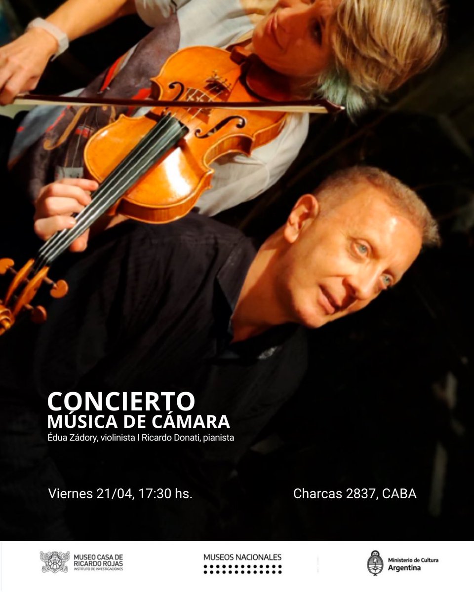 Invitamos a presenciar el Concierto de música de cámara con la participación de Édua Zádory, violinista de la Orquesta de Cámara de Viena y el pianista Ricardo Donati.
Más info: 
museorojas.cultura.gob.ar/actividad/conc…
<a href="/EduaZadory/">Edua Zadory</a> 
#Museocasarojas
@museosypatrimonionacion
<a href="/CulturaNacionAR/">Cultura Nación</a>